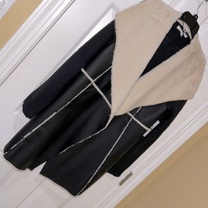 Suede and Faux Fur Cardigan Coat Jacket Black and Cream